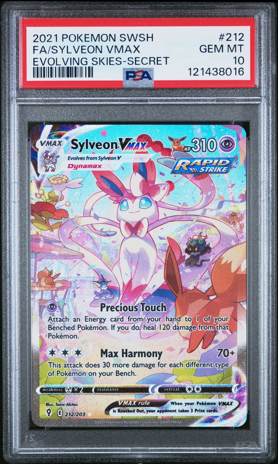 2021 POKEMON SWORD & SHIELD EVOLVING SKIES 212 FULL ART/SYLVEON VMAX SECRET - PSA 10