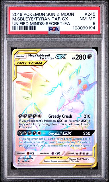 2019 POKEMON SUN & MOON UNIFIED MINDS #245 M.SBLEYE/TYRANITAR GX UNIFIED MINDS-SECRET-FA PSA 8