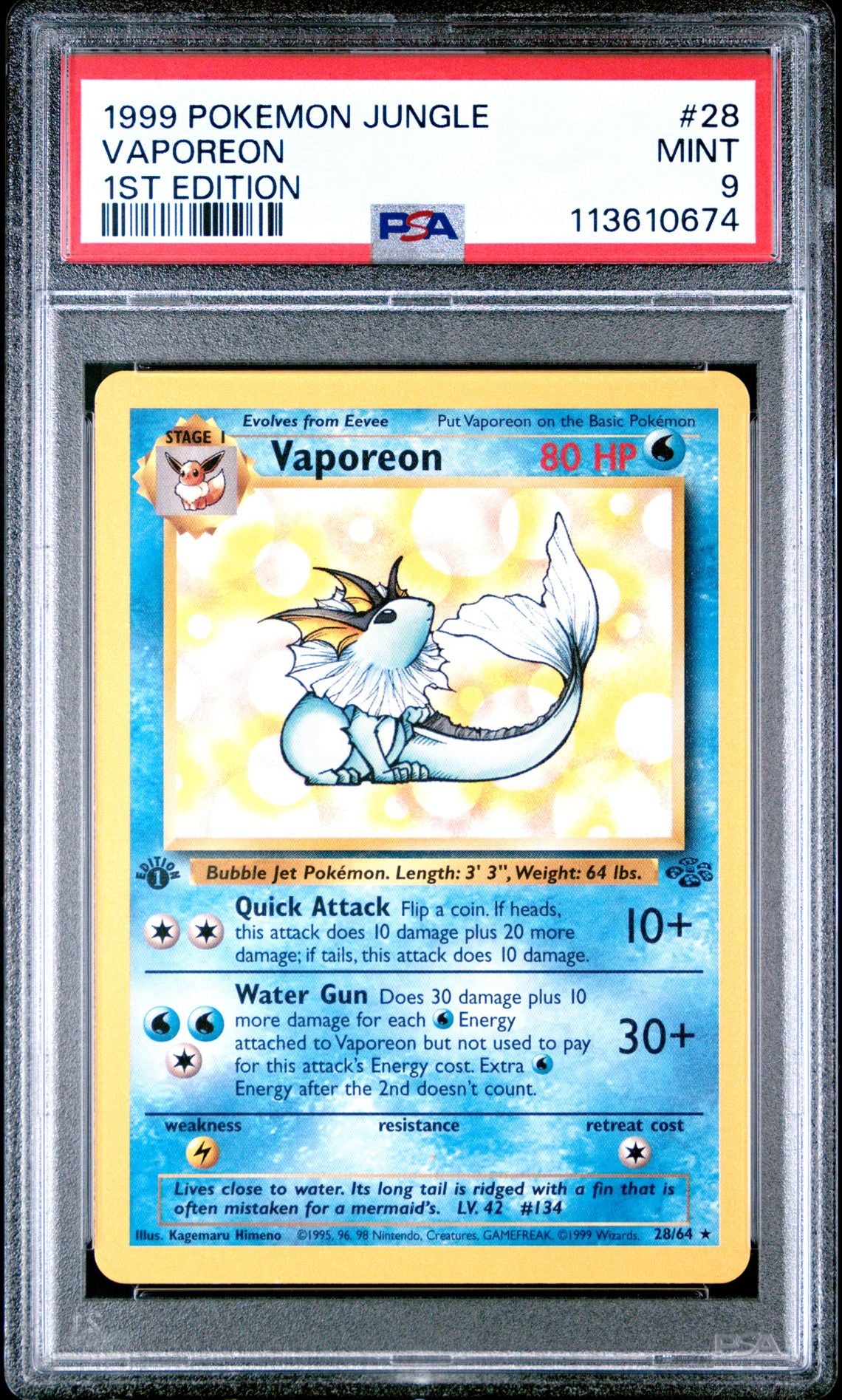 1999 POKEMON JUNGLE 28 VAPOREON 1ST EDITION  PSA 9