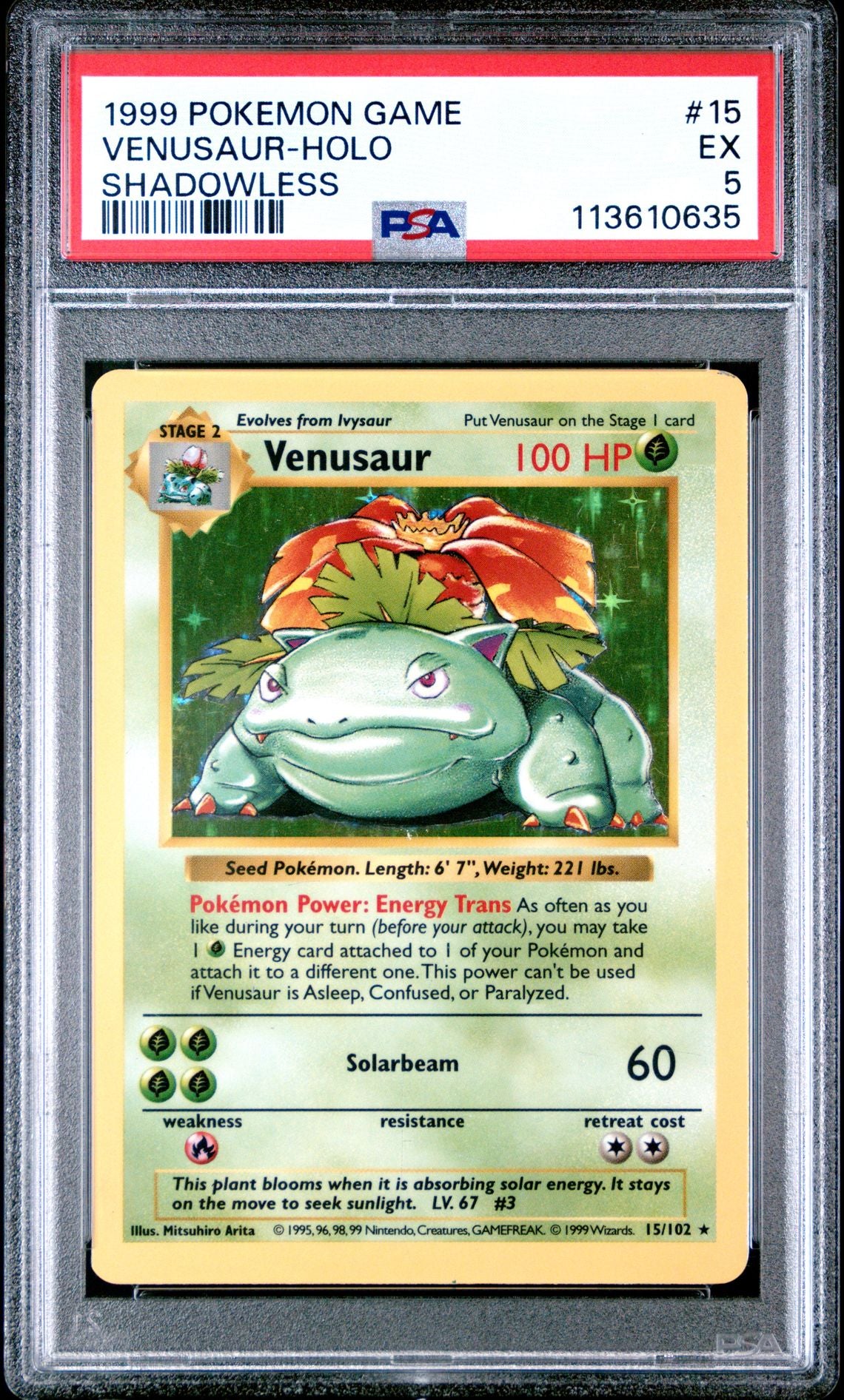 1999 POKEMON GAME 15 VENUSAUR-HOLO SHADOWLESS PSA 5