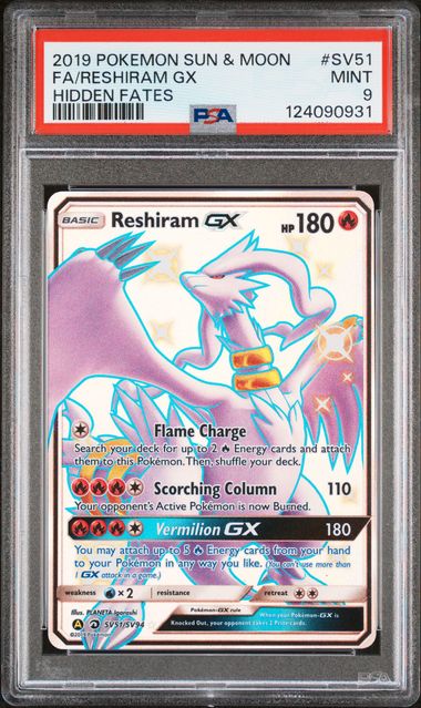 2019 POKEMON SUN & MOON HIDDEN FATES #SV51 FA/RESHIRAM GX HIDDEN FATES PSA 9
