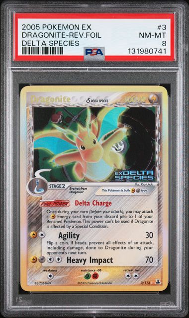 2005 POKEMON EX DELTA SPECIES #3 DRAGONITE-REV.FOIL DELTA SPECIES PSA 8