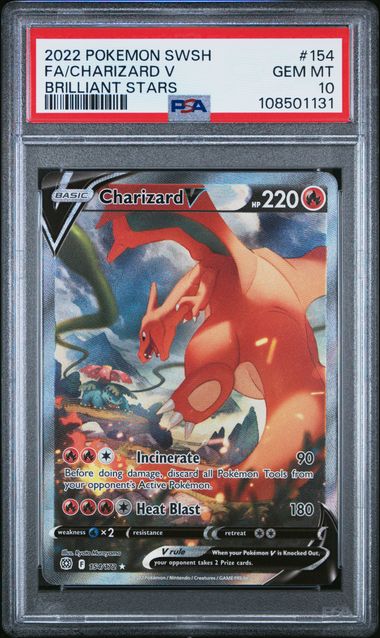 2022 POKEMON SWORD & SHIELD BRILLIANT STARS #154 FA/CHARIZARD V BRILLIANT STARS PSA 10