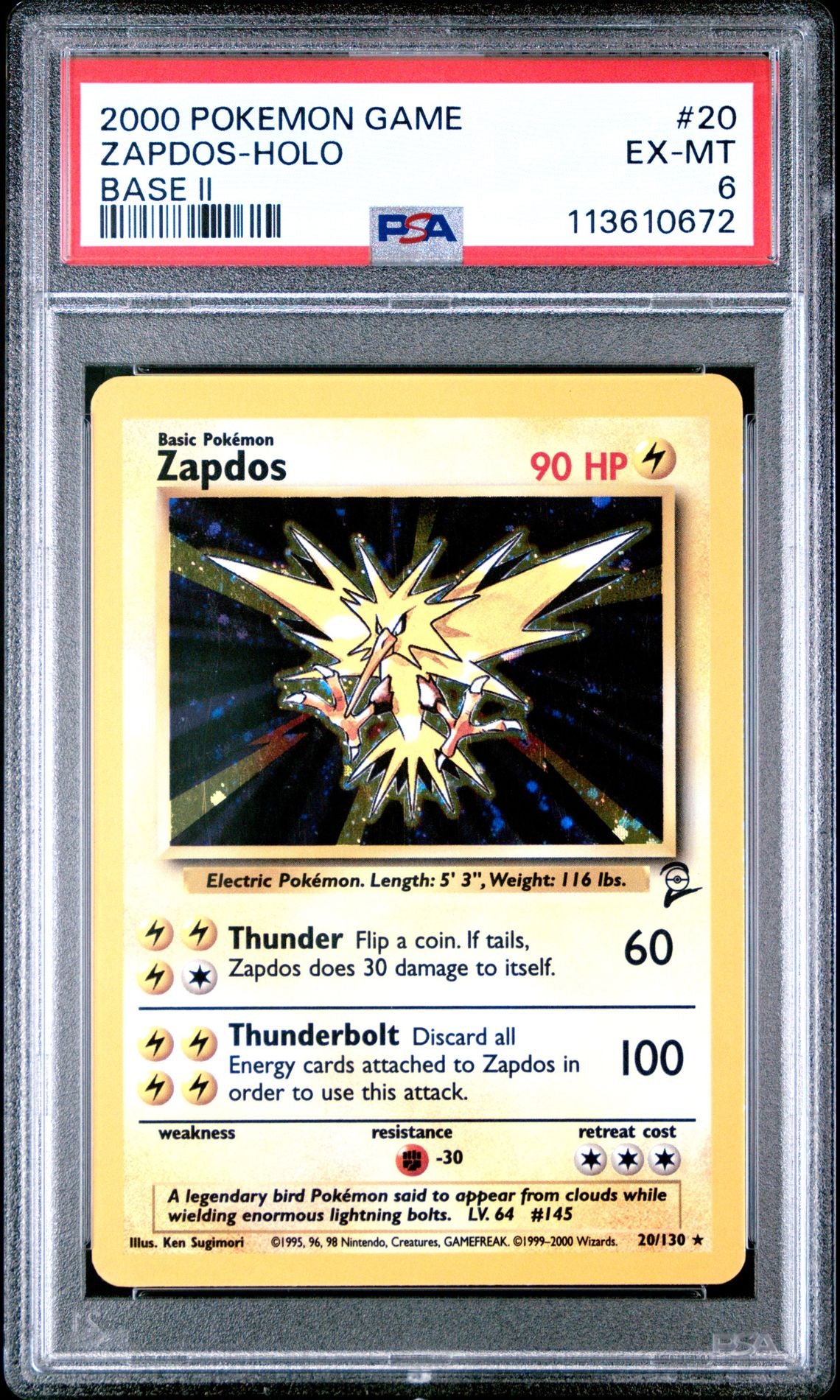 2000 POKEMON GAME BASE II 20 ZAPDOS-HOLO PSA 6