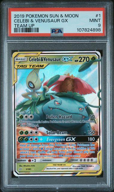 2019 POKEMON SUN & MOON TEAM UP #1 CELEBI & VENUSAUR GX TEAM UP PSA 9