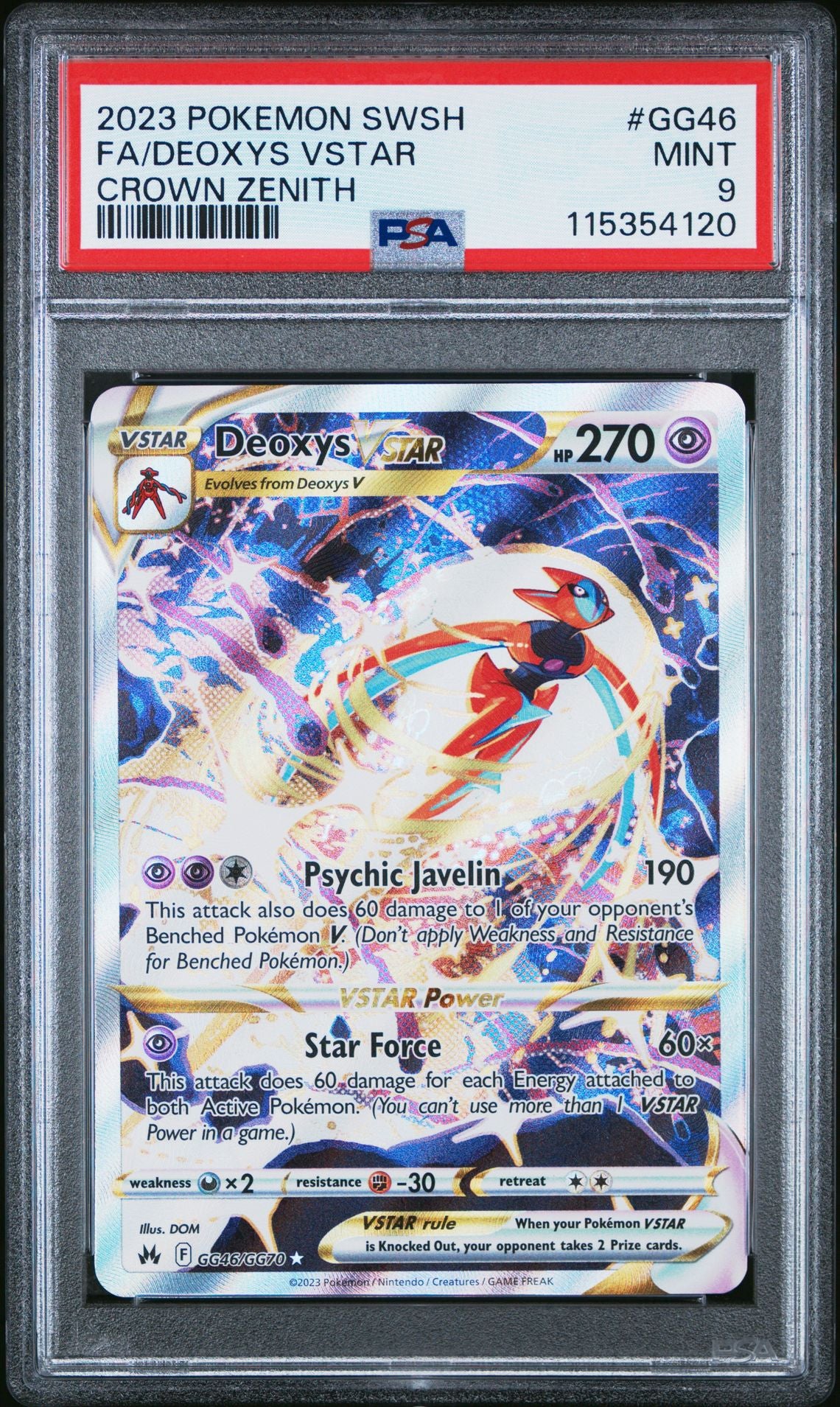 2023 POKEMON SWORD AND SHIELD CROWN ZENITH GG46 FULL ART/DEOXYS VSTAR PSA 9