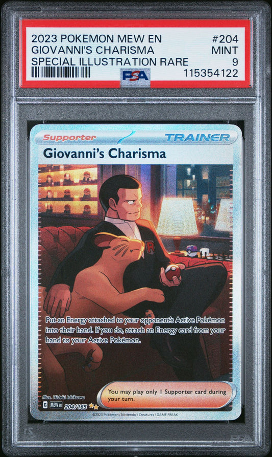 2023 POKEMON MEW EN-151 204 GIOVANNI'S CHARISMA SPECIAL ILLUSTRATION RARE PSA 9