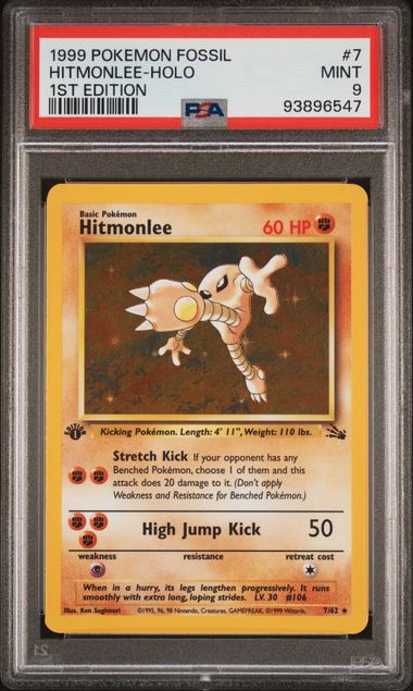 1999 POKEMON FOSSIL #7 HITMONLEE-HOLO 1ST EDITION PSA 9