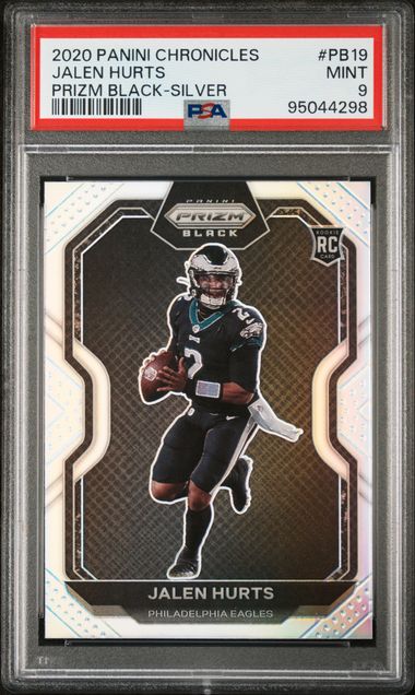 2020 PANINI CHRONICLES PRIZM BLACK #PB19 JALEN HURTS PRIZM BLACK-SILVER PSA 9