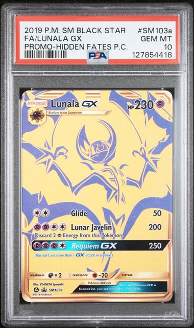 2019 POKEMON SM BLACK STAR PROMO #SM103a FA/LUNALA GX PROMO-HIDDEN FATES P.C. PSA 10