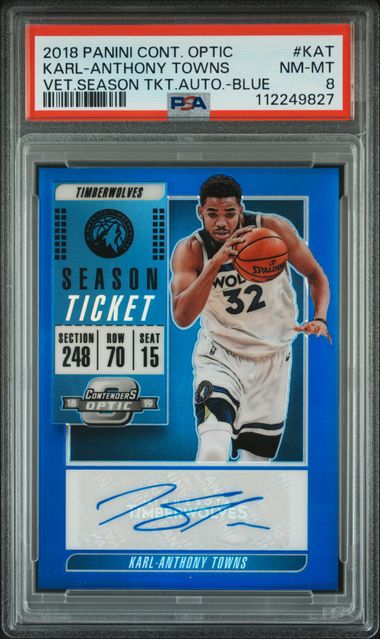 2018 PANINI CONTENDERS OPTIC VETERAN SEASON TICKET AUTOGRAPHS #KAT KARL-ANTHONY TOWNS VET.SEASON TKT.AUTO.-BLUE PSA 8