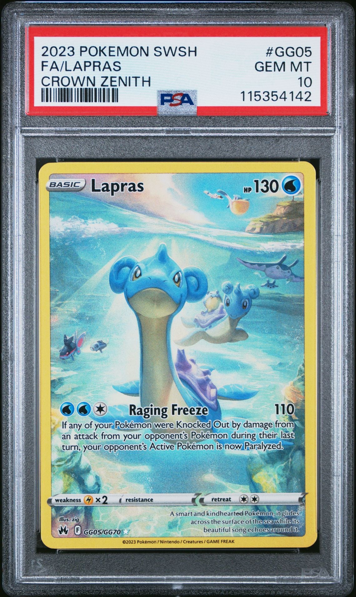 2023 POKEMON SWORD AND SHIELD CROWN ZENITH GG05 FULL ART/LAPRAS PSA 10