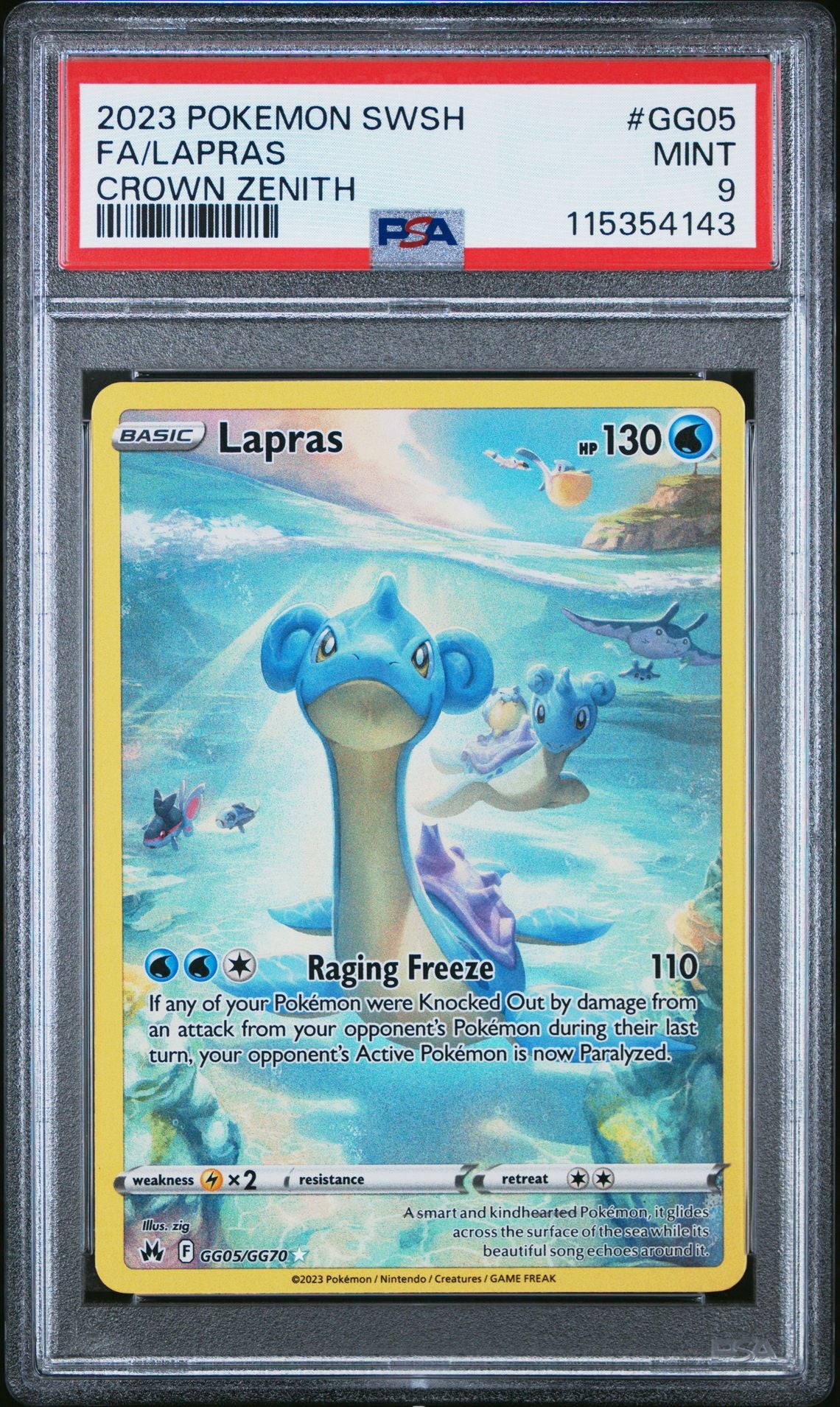 2023 POKEMON SWORD AND SHIELD CROWN ZENITH GG05 FULL ART/LAPRAS PSA 9