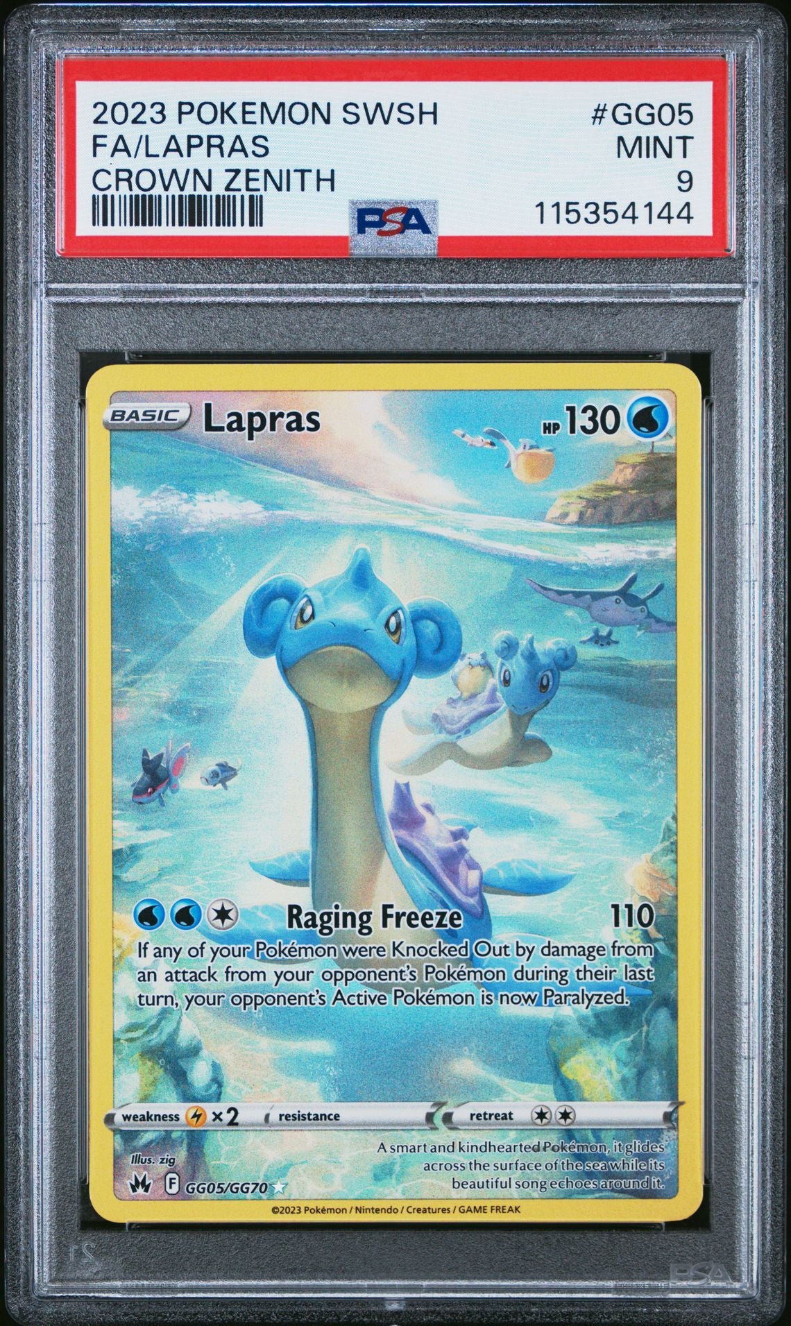 2023 POKEMON SWORD AND SHIELD CROWN ZENITH GG05 FULL ART/LAPRAS PSA 9