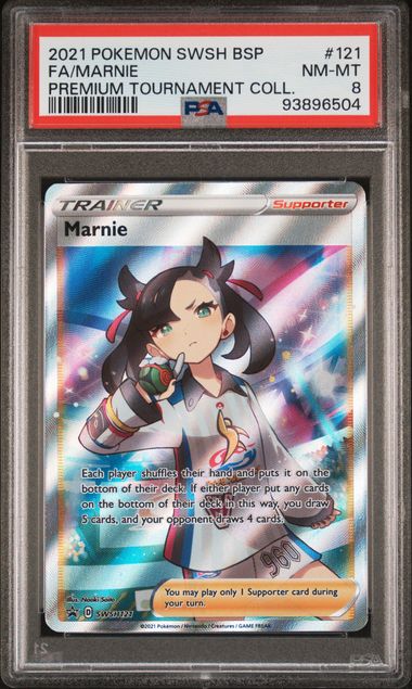 2021 POKEMON SWSH BLACK STAR PROMO #121 FA/MARNIE PREMIUM TOURNAMENT COLL. PSA 8