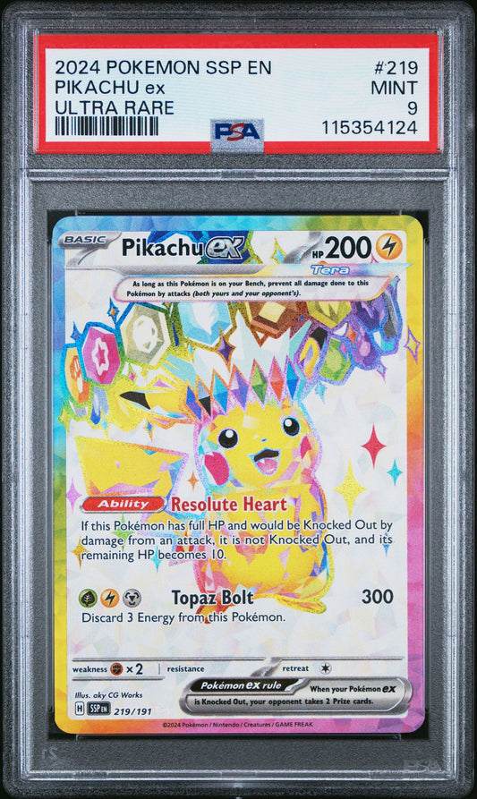 2024 POKEMON SSP EN-SURGING SPARKS 219 PIKACHU EX ULTRA RARE PSA 9