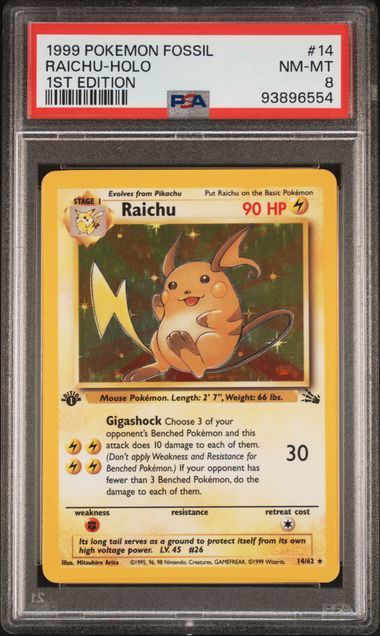 1999 POKEMON FOSSIL #14 RAICHU-HOLO 1ST EDITION PSA 8