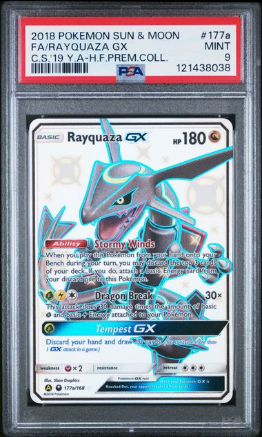 2018 POKEMON SUN & MOON CELESTIAL STORM 177a FULL ART/RAYQUAZA GX 2019 YELLOW A HIDDEN FATES PREMIUM COLLECTION PSA 9