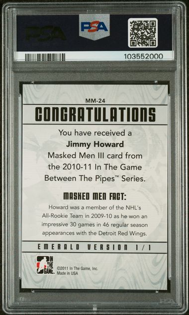 2010 IN THE GAME BETWEEN THE PIPES MASKED MEN III #MM-24 JIMMY HOWARD MASKED MEN III-EMERALD PSA 10