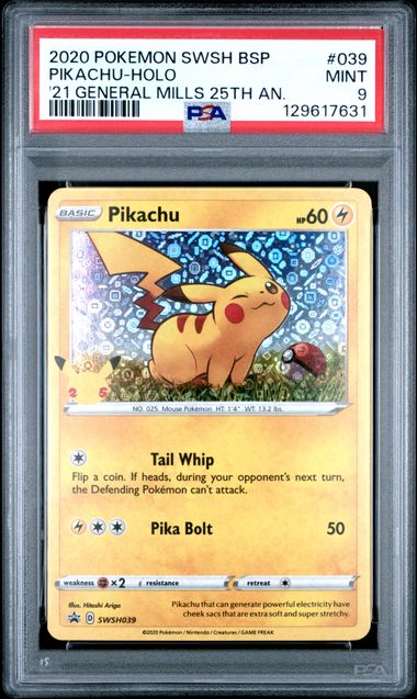 2020 POKEMON SWSH BLACK STAR PROMO #039 PIKACHU-HOLO '21 GENERAL MILLS 25TH AN. PSA 9