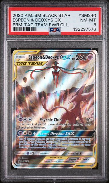 2020 POKEMON SM BLACK STAR PROMO #SM240 ESPEON & DEOXYS GX PRM-TAG TEAM PWR.CLL. PSA 8
