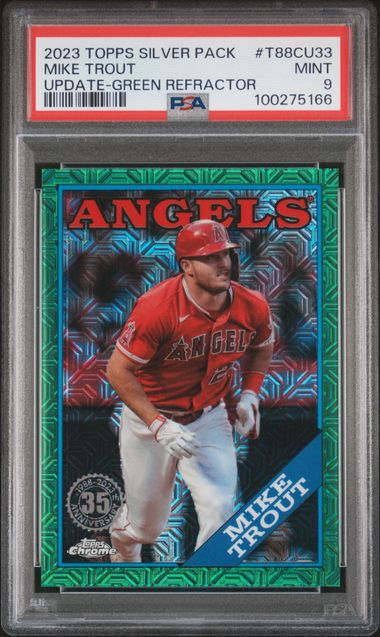 2023 TOPPS SILVER PACK 1988 CHROME PROMO #T88CU33 MIKE TROUT UPDATE-GREEN REFRACTOR PSA 9