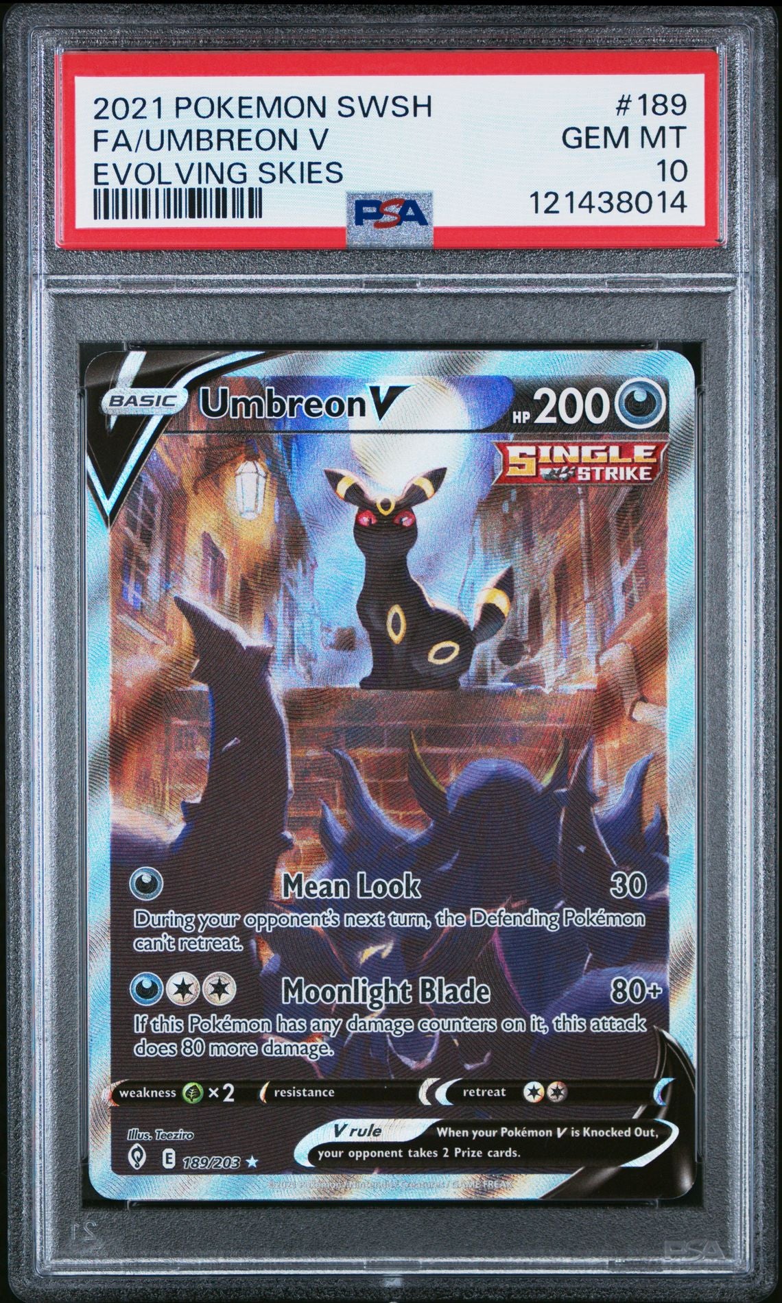 2021 POKEMON SWORD & SHIELD EVOLVING SKIES 189 FULL ART/UMBREON V - PSA 10