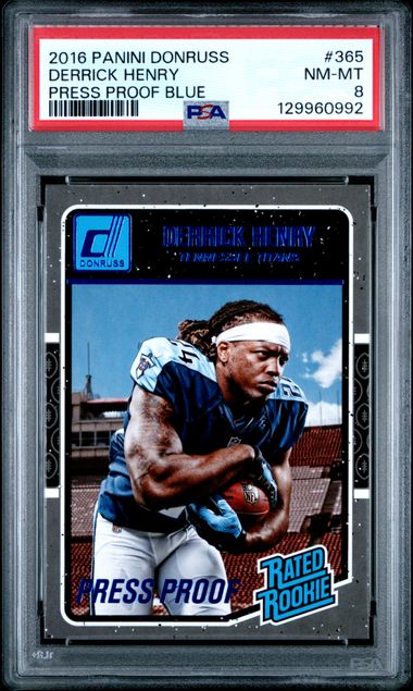 2016 PANINI DONRUSS #365 DERRICK HENRY PRESS PROOF BLUE PSA 8
