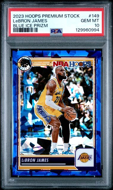 2023 PANINI HOOPS PREMIUM STOCK #149 LeBRON JAMES BLUE ICE PRIZM PSA 10