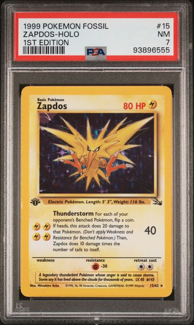 1999 POKEMON FOSSIL #15 ZAPDOS-HOLO 1ST EDITION PSA 7